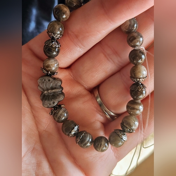 Stunning Skeletal Moonstone and Silver Obsidian Butterfly Beaded Stretch Bracele - Picture 6 of 6